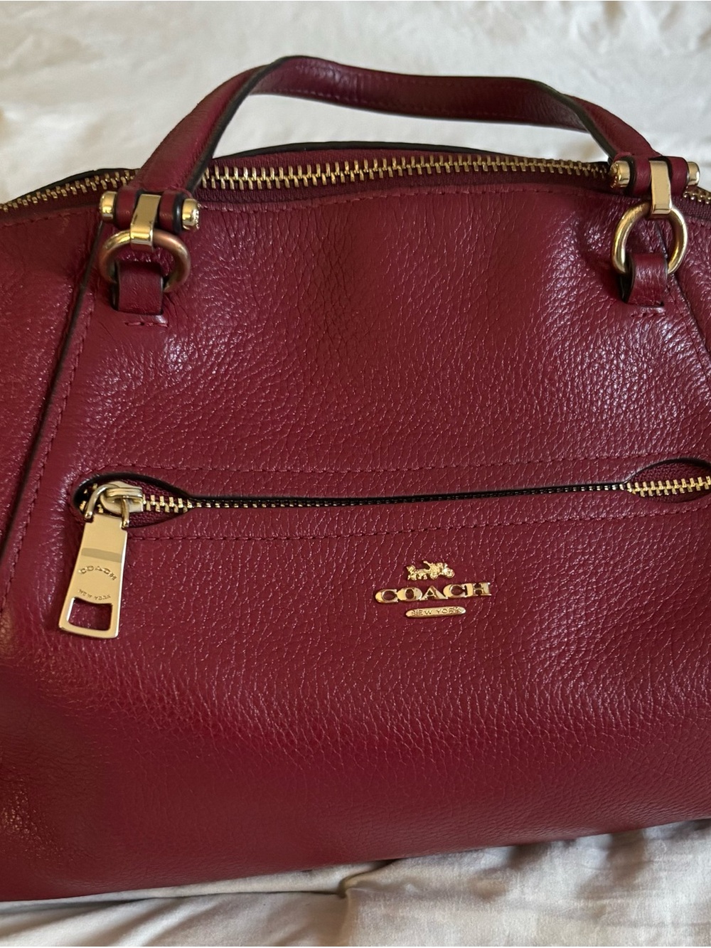 Coach Burgundy Pebbled Leather Satchel with Gold Hardware